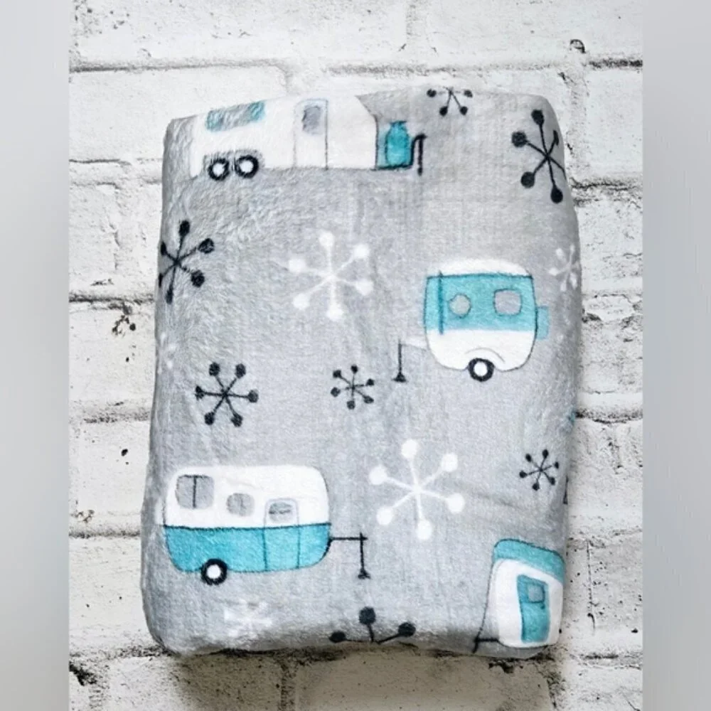Retro Camper Trailer Fleece Throw Blanket Turquoise RV Cottage Cozy